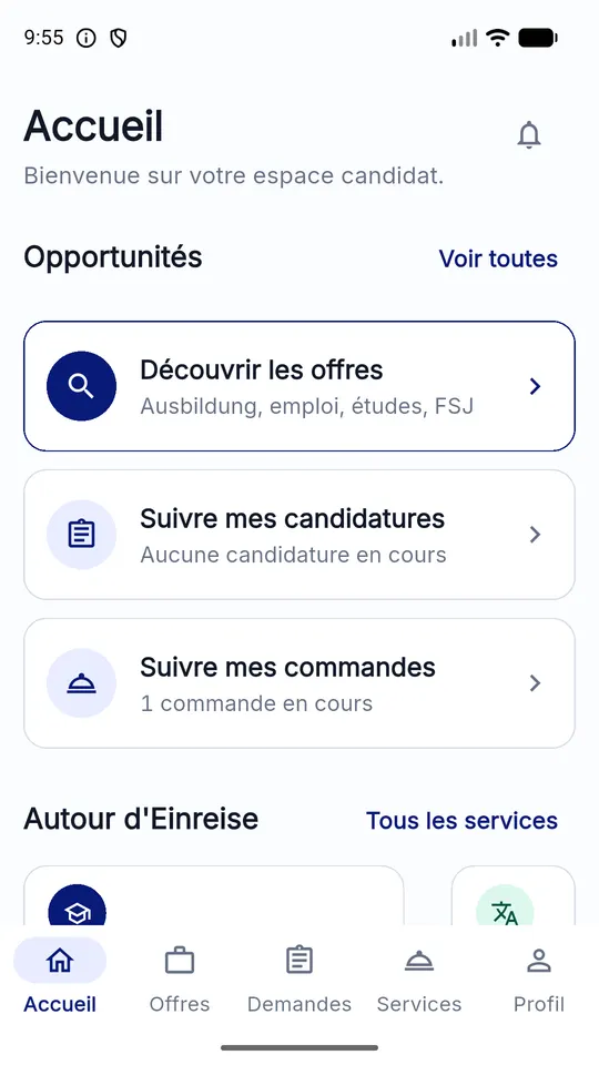 Écran d’accueil de l’application : offres, candidatures et commandes en cours