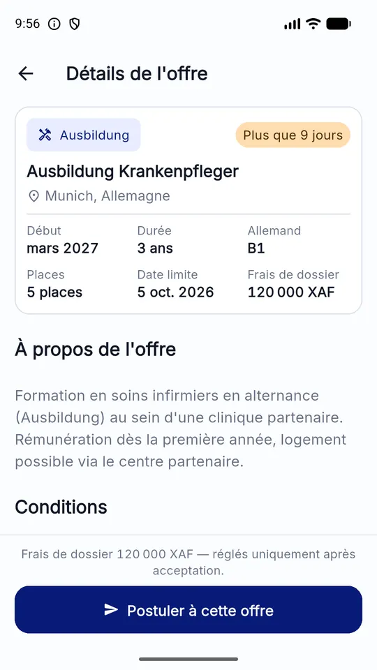 Fiche d’une offre dans l’application, avec le bouton pour postuler