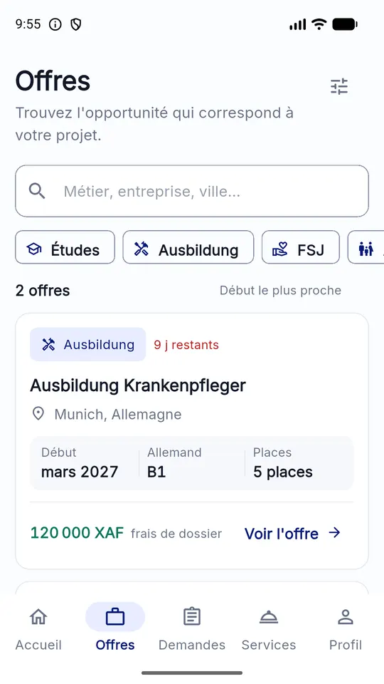 Liste des offres dans l’application, avec filtres par type