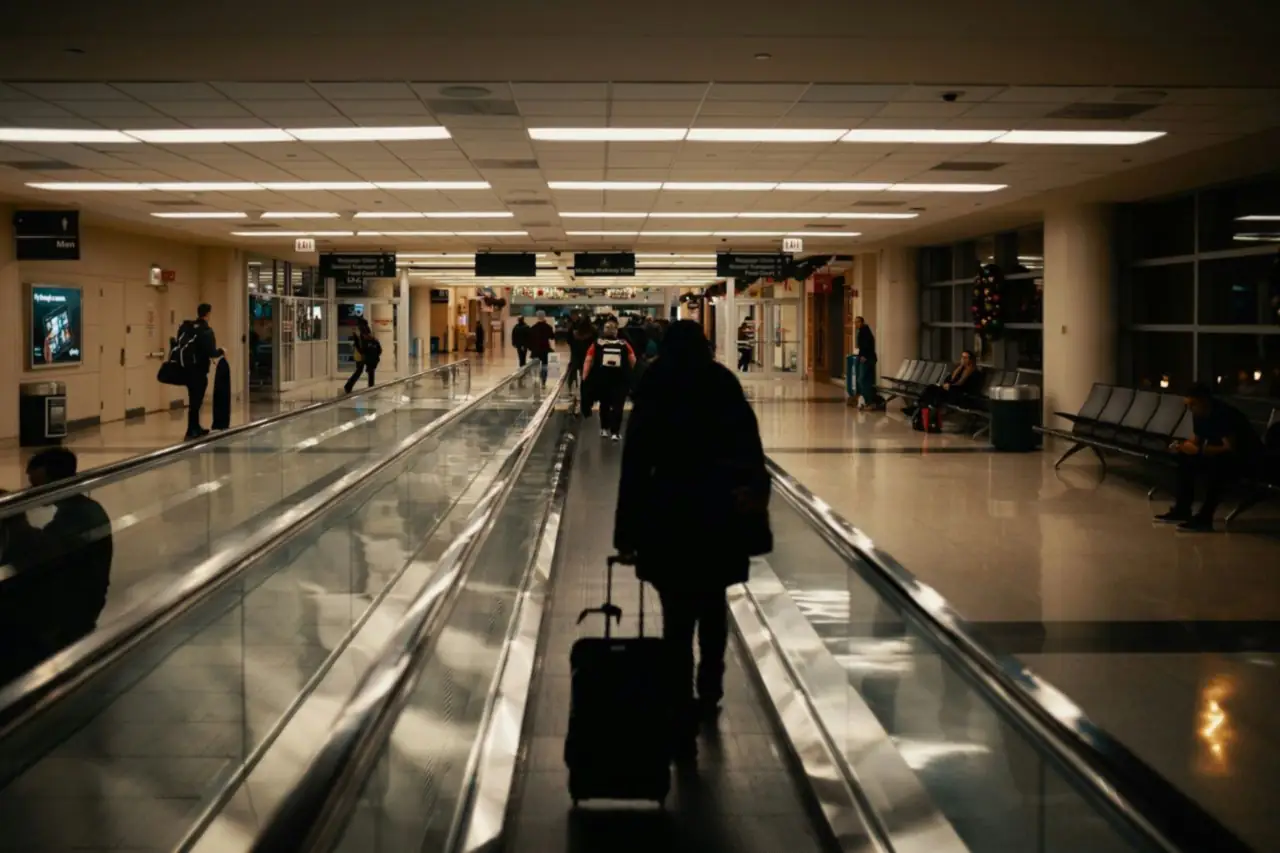 Voyageur de dos qui tire sa valise sur un tapis roulant dans le couloir d'un terminal d'aéroport